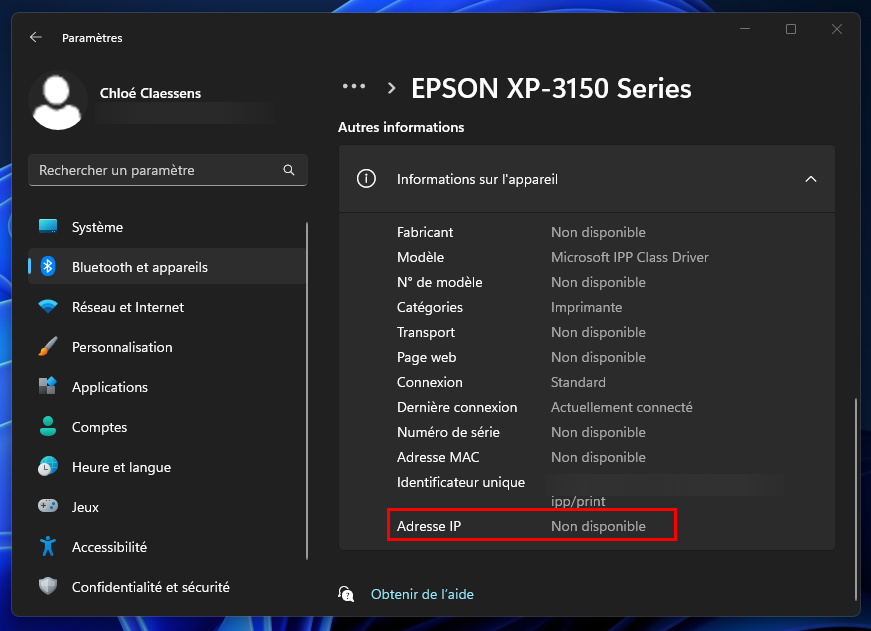 Windows - Adresse IP Imprimante