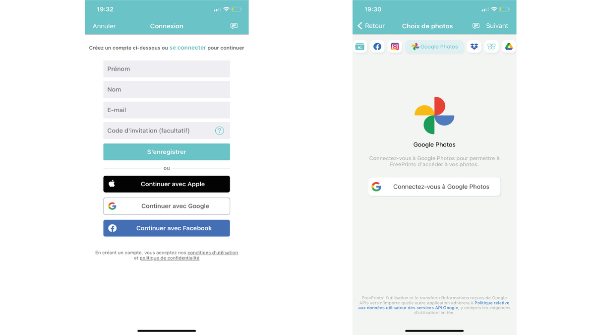 Se connecter à FreePrints et aux services de stockage de photos
