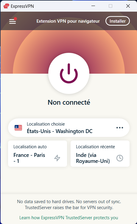 ExpressVPN - L'interface de connexion