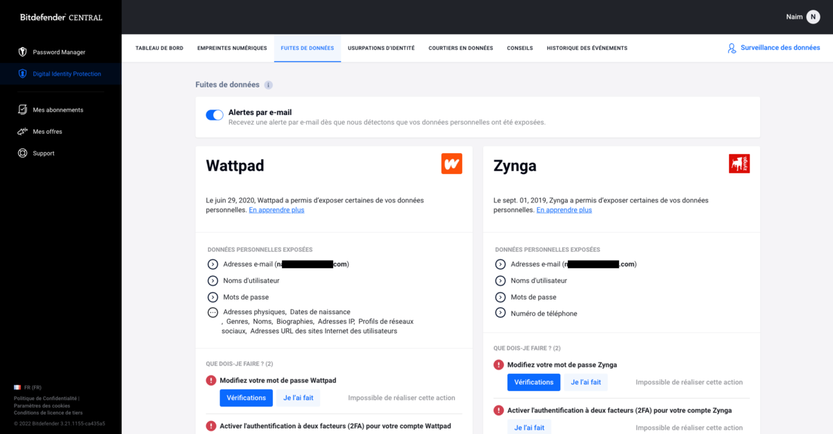 Bitdefender Digital Identity Protection - Les alertes de fuites de données