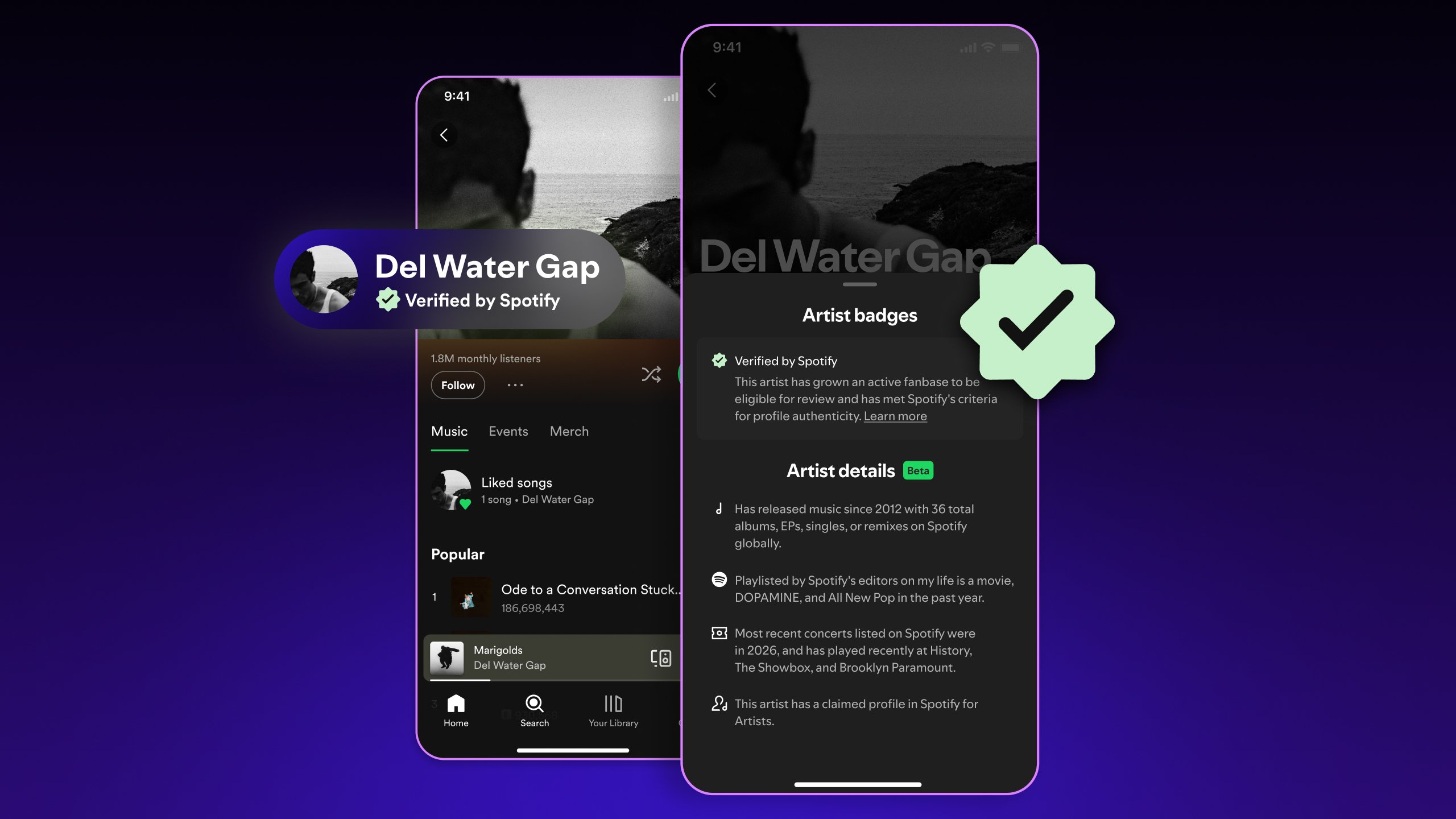 Un badge vérifié pour mettre en avant les vrais artistes. ©Spotify