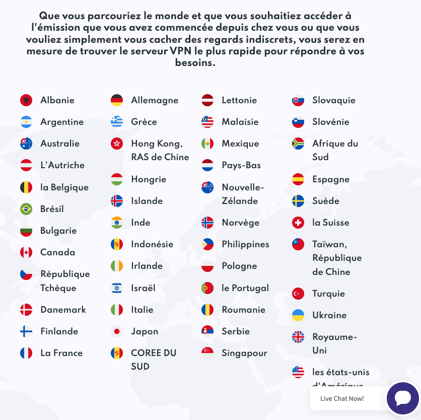 PrivadoVPN - La liste des pays couverts par le VPN