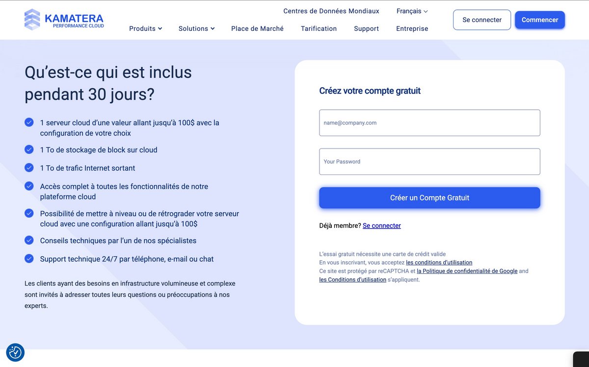 Un essai gratuit de 30 jours. ©Kamatera