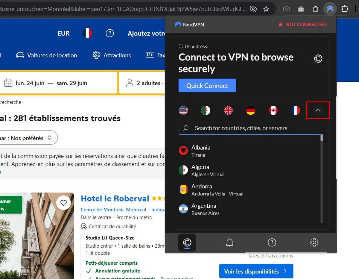 NordVPN pour Chrome - La liste des emplacements de connexion