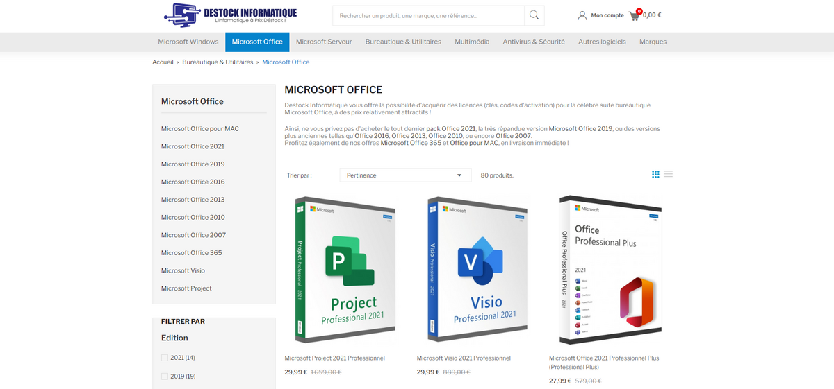 Page web consacrée au Licences Microsoft Office © Destock Informatique