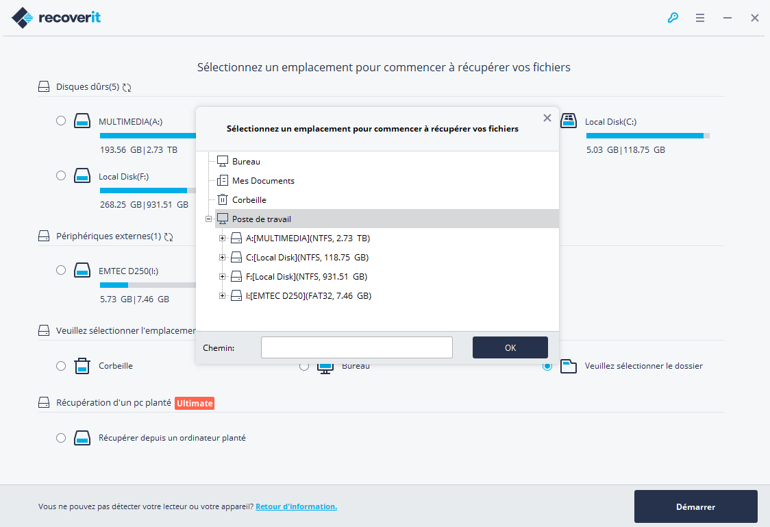 Sélection du disque dur ou de la partition spécifique pour débuter la récupération de données.