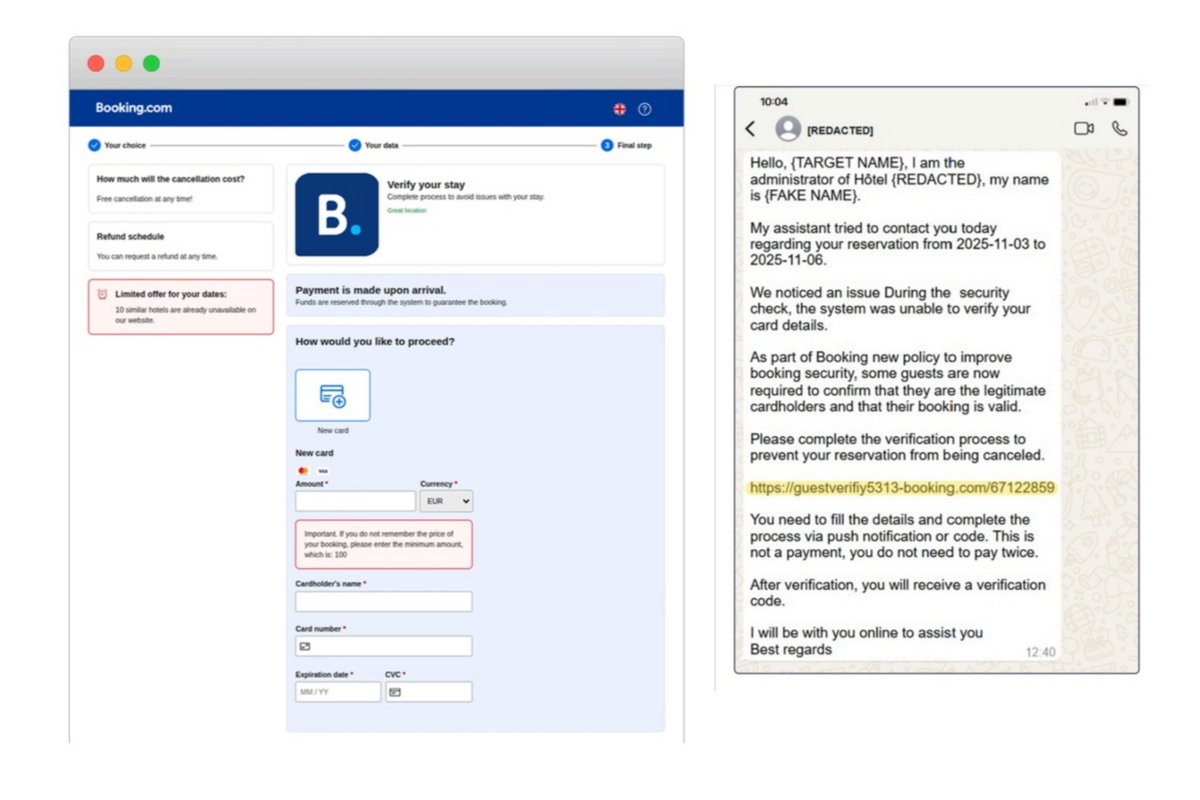 À gauche, un message d'hameçonnage WhatsApp, et à droite, la page de phishing Booking.com. Les deux visent les clients d'hôtels à des fins frauduleuses. © Sekoia.io x Clubic