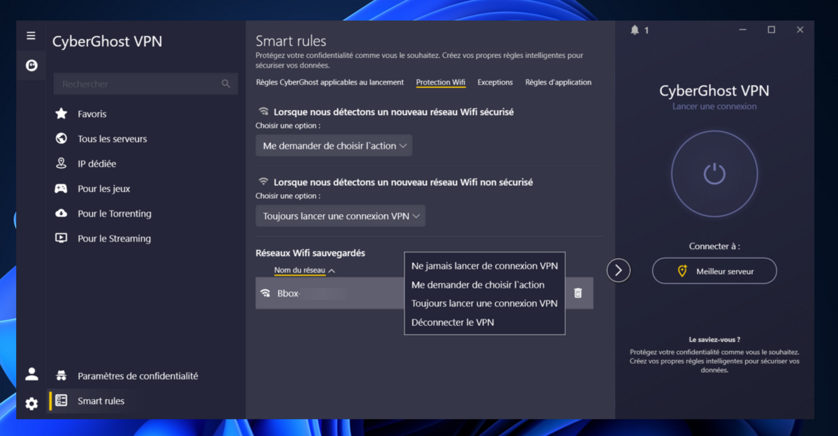 CyberGhost - les options de protection Wi-Fi