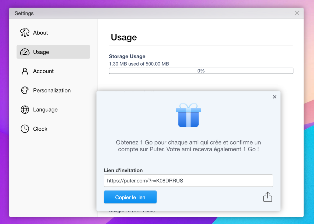 Puter.com - Le système de parrainage pour davantage de stockage