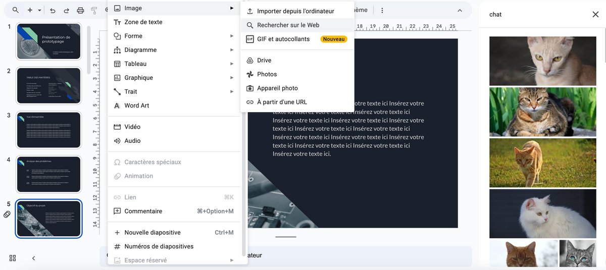 Trouvez des visuels sur Internet depuis Google Slides © Google