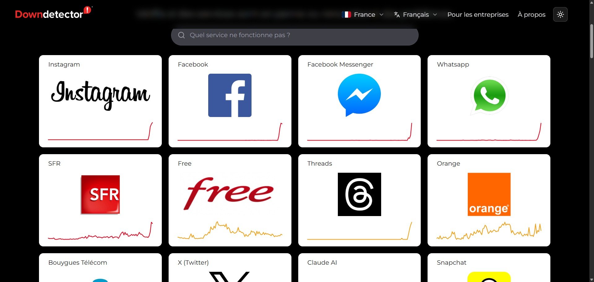 La page d'accueil de Downdetector est affolante, ce soir à 00h05 ici. © Alexandre Boero / Clubic