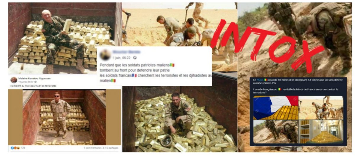 Un exemple d’attaque informationnelle sur Facebook contre l’opération Barkhane : circulation de fausses informations visant à faire croire que des militaires français pillent des ressources au Mali (© ministère des Armées)