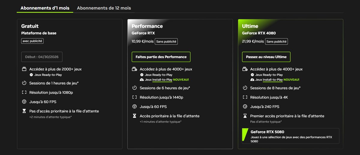 Les trois formules d'abonnement à GeForce NOW : Install-to-Play est réservé aux deux meilleures. ©Le Studio Clubic