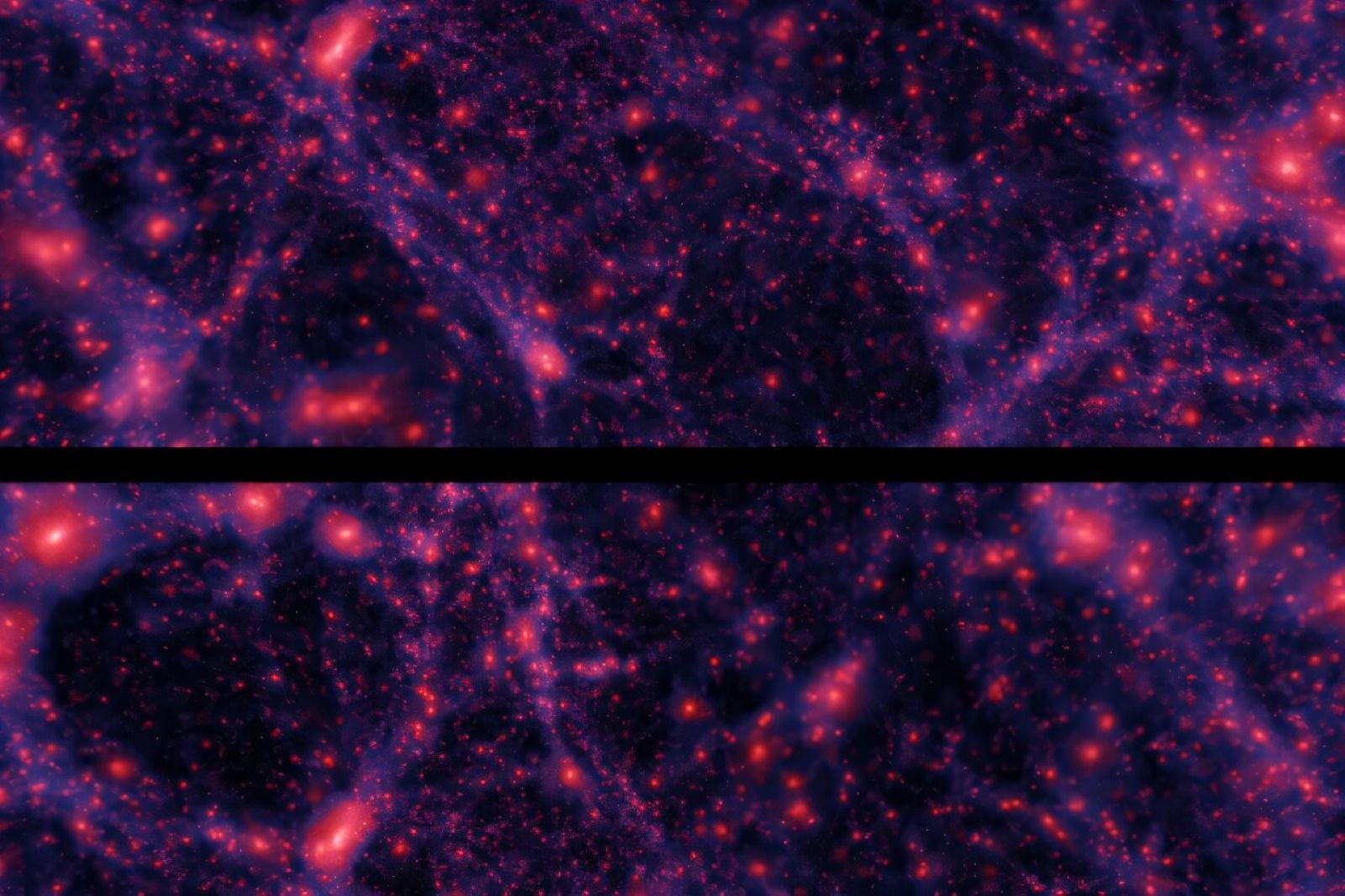 Deux images issues des simulations Quijote utilisées dans cette étude. Les panneaux représentent la même région de l'Univers, mais selon différents modèles cosmologiques. L'image du haut correspond au modèle ΛCDM standard, tandis que celle du bas illustre un Univers avec des neutrinos massifs et une gravité modifiée. Les différences sont subtiles, mais elles révèlent comment des modifications de la physique sous-jacente peuvent affecter la formation et la distribution des structures cosmiques - ©Francisco Villaescusa-Navarro