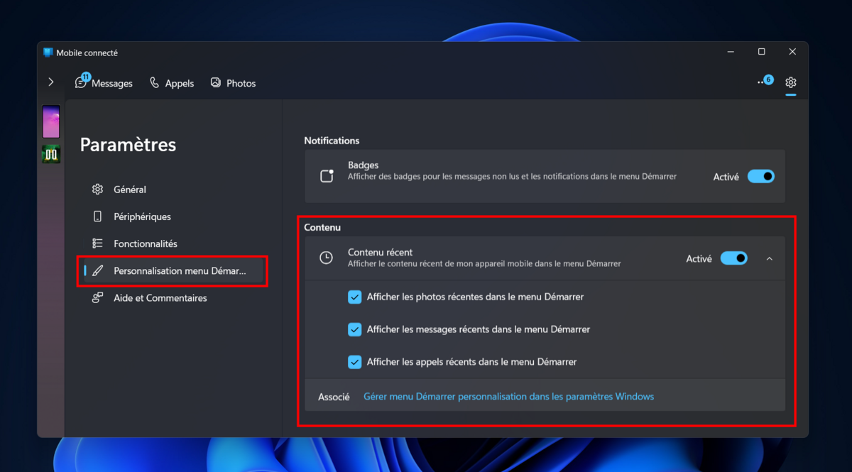 Activez les options d'affichage "Mobile connecté" dans le menu Démarrer. © Clubic