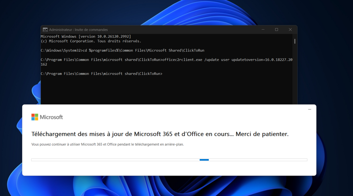 Copiez-collez successivement les deux commandes ci-dessus pour procéder à la désinstallation de la mise à jour Outlook dysfonctionnelle © Clubic