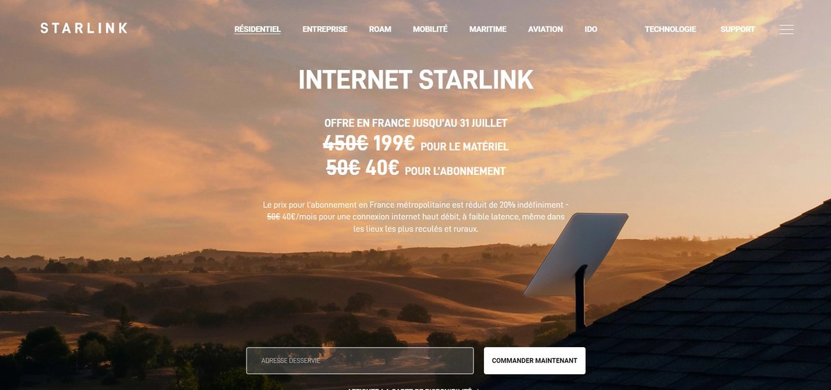 Capture d'écran du site web de Starlink © Starlink