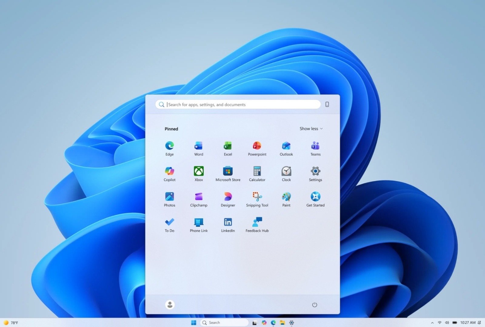 Le nouveau menu Démarrer de Windows 11 en version compacte avec uniquement les logiciels épinglés et sans le nom et la photo de profil de l'utilisateur. ©Microsoft