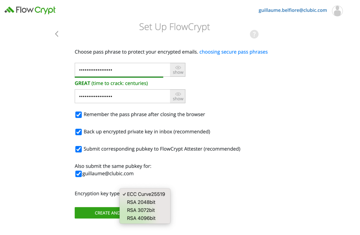 FlowCrypt - génération de clés