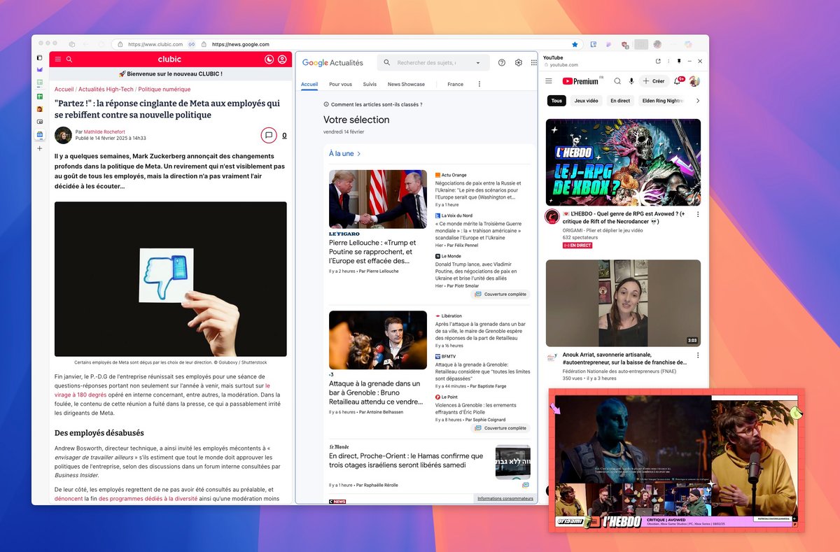 Deux fenêtres splitées, et une page YouTube ouverte dans la colonne latérale, auxquelles on ajoute un lecteur vidéo flottant. On est pas bien là ? © Pierre Crochart pour Clubic.com