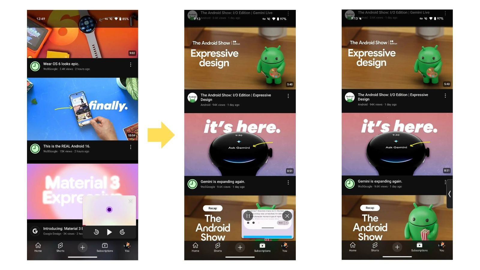 L'évolution du mini-lecteur YouTube entre 2024 et 2025. © 9to5Google / Google