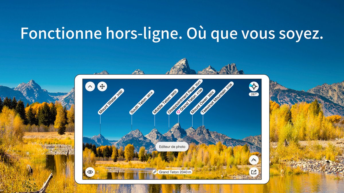 PeakFinder utilise la réalité augmentée pour afficher en temps réel les noms des sommets sur un panorama 3D interactif, rendant l’exploration des paysages plus immersive et pédagogique - © PeakFinder