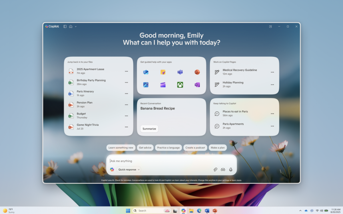 La nouvelle interface Copilot met l'accent sur les contenus récents. © Microsoft