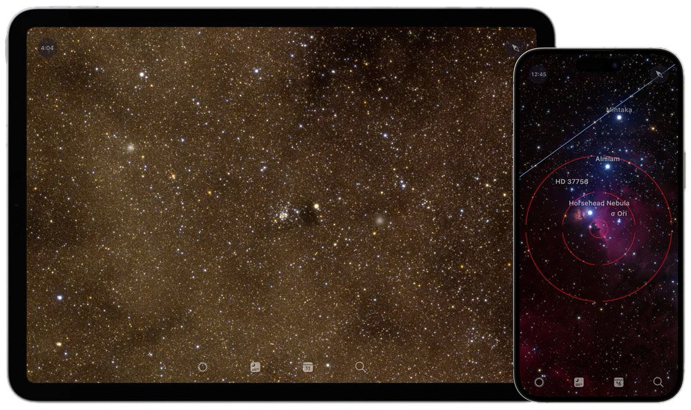 Aperçu de l'app sur iPad et iPhone : affichage des cartes détaillées du ciel et identification en temps réel les constellations, étoiles et nébuleuses grâce à la réalité augmentée. - © Sky Guide