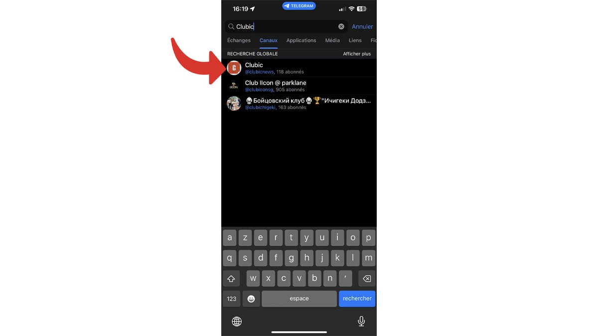 Recherchez Clubic, puis cliquez sur le canal public recherché © Axel Reghis pour Clubic