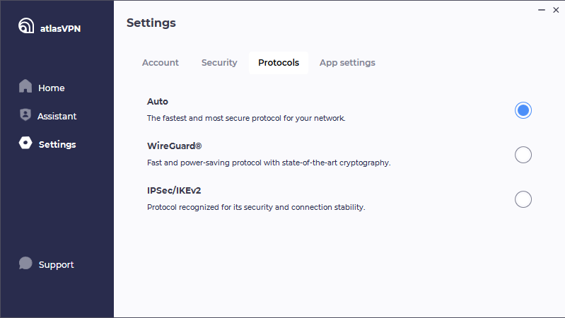 Atlas VPN - Les paramètres des protocoles 