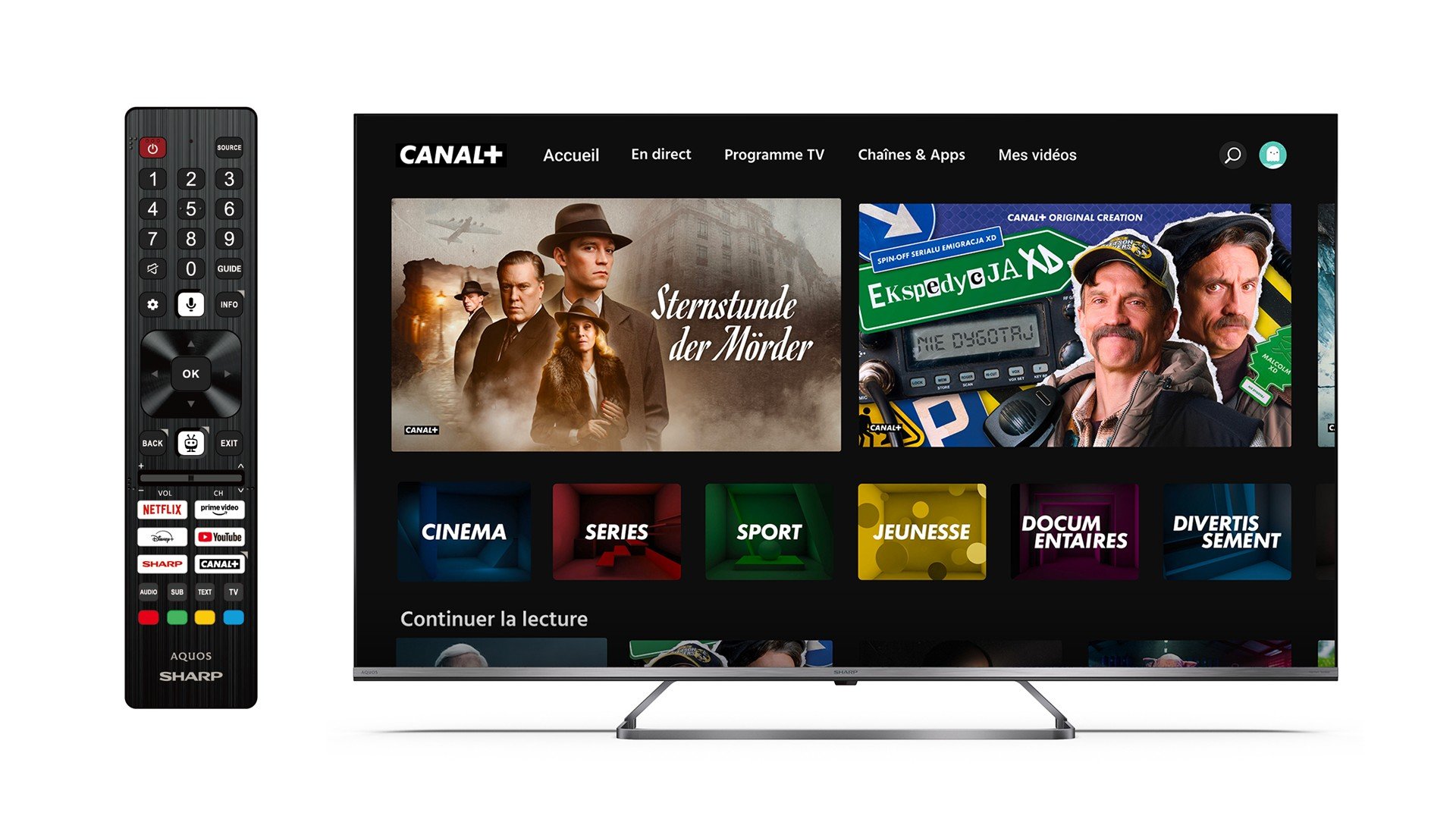 La télécommande avec le bouton intégré, et l'app Canal+ sur un téléviseur Sharp. © Canal+