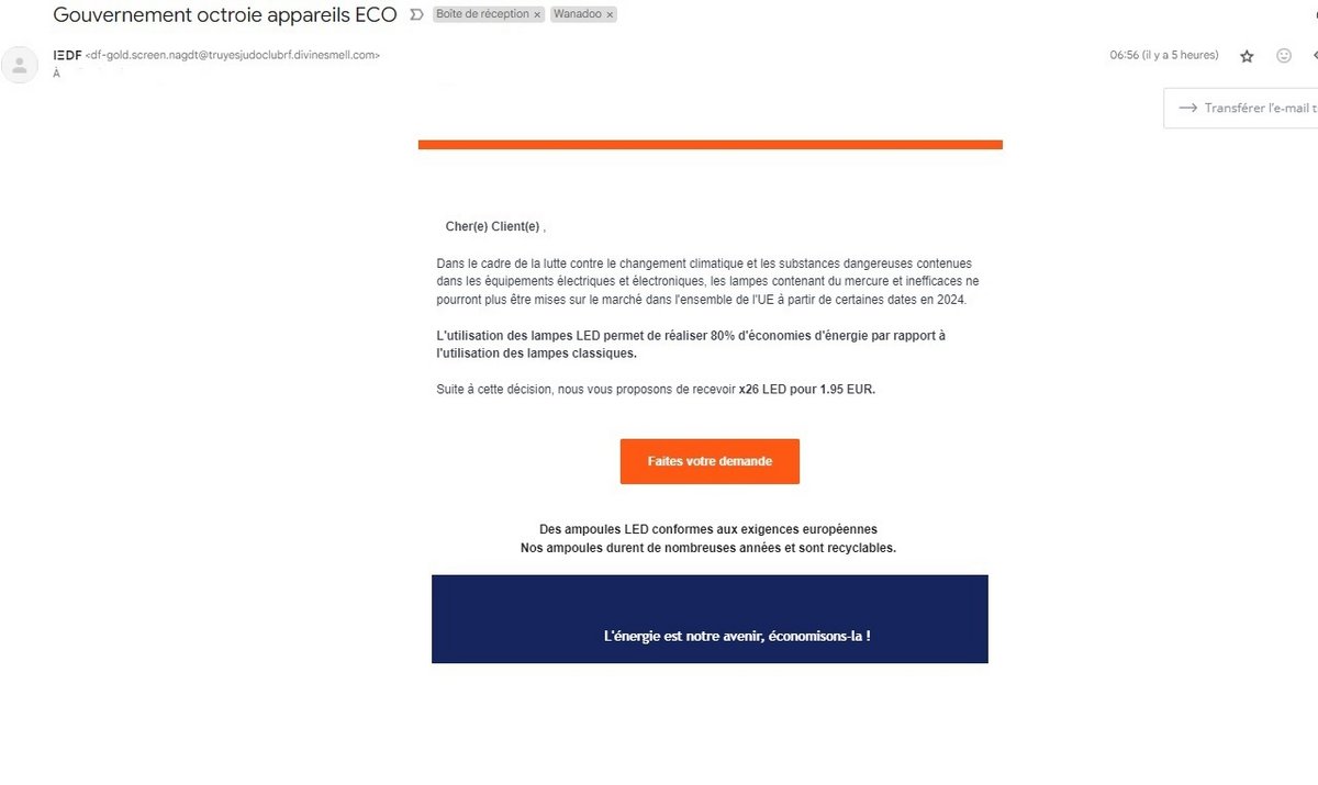 Un exemple d'e-mail frauduleux prétendument envoyé par EDF - Capture d'écran © Mélina LOUPIA pour Clubic