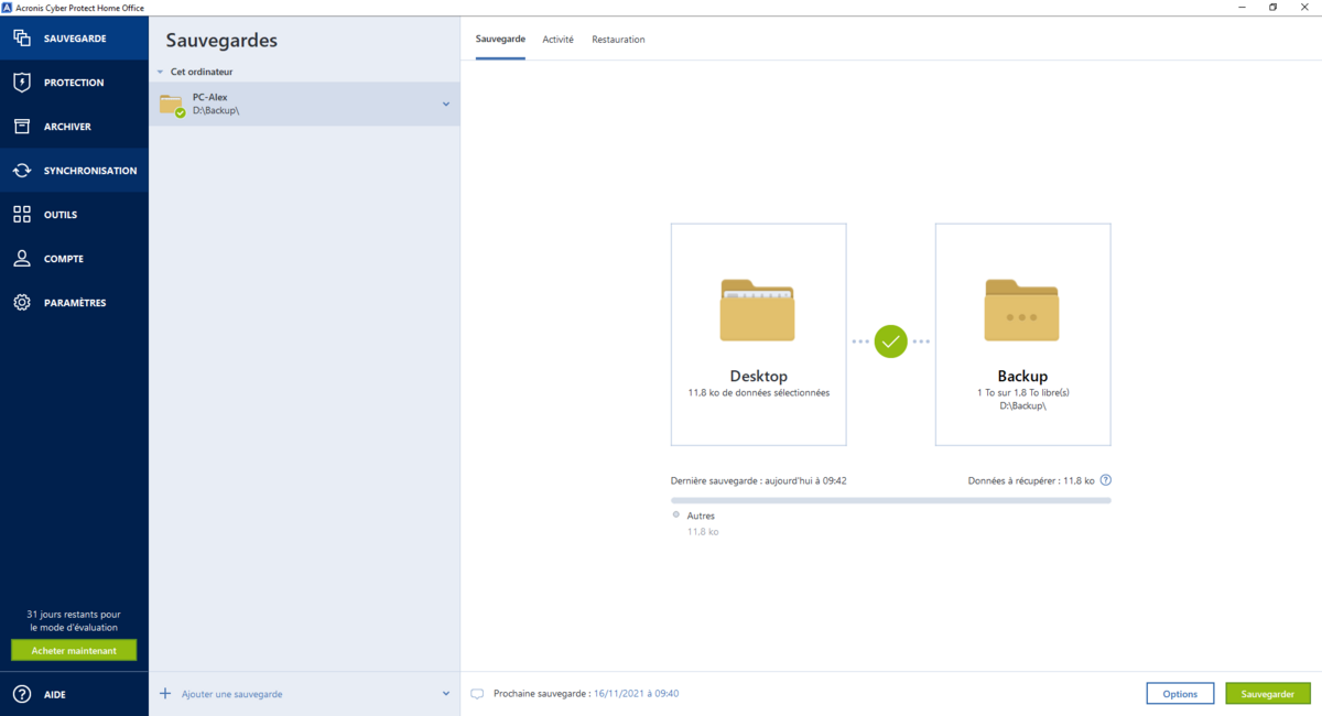 Tableau de bord de la sauvegarde Acronis Cyber Protect Home Office