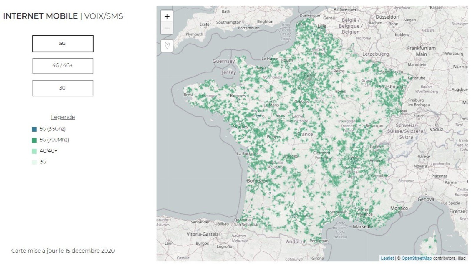 Carte de la couverture 5G de Free