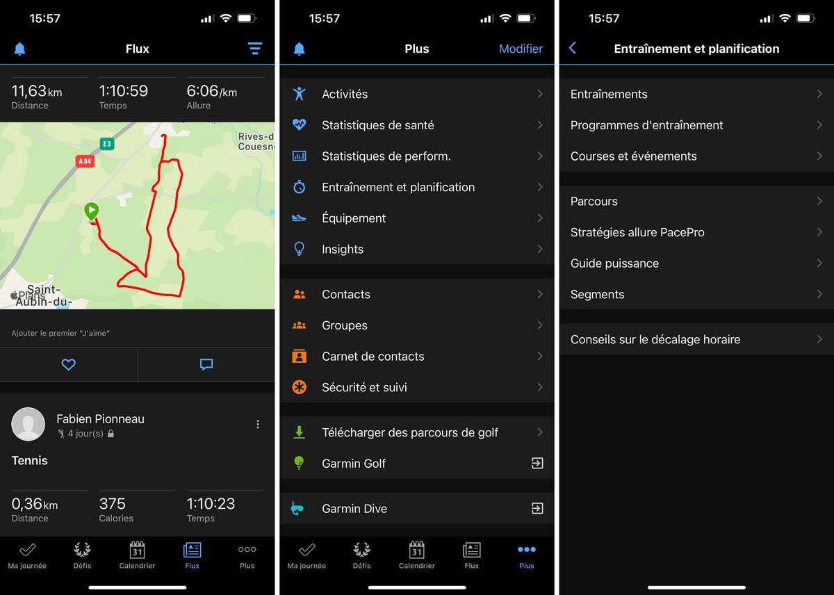 L'app Garmin Connect : le flux des activités de nos amis et les nombreuses fonctions regroupés sous l'onglet "Plus" © Fabien Pionneau pour Clubic