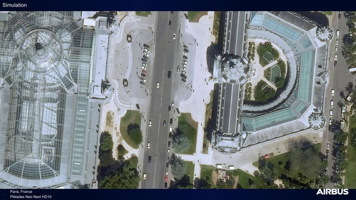 Simulation d'un cliché pris grâce à un satellite de la constellation Pléaides Neo Next d'Airbus. Vous aurez reconnu le Grand Palais et le Petit Palais, sur l'avenue Winston Churchill à Paris. © Airbus DS 2026