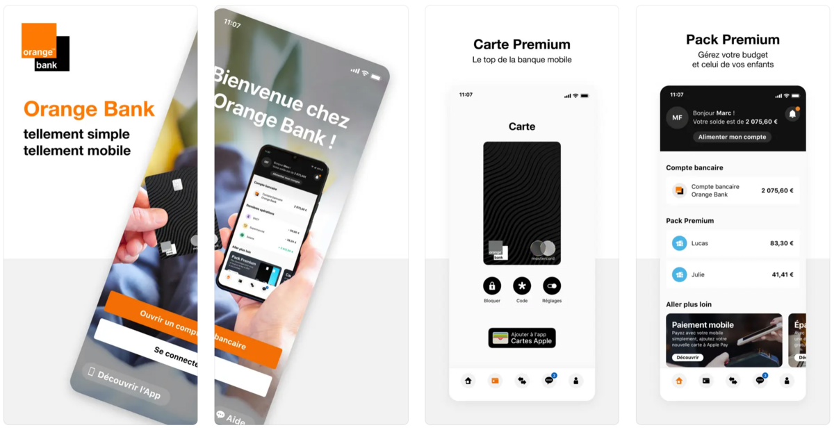 L'application mobile d'Orange Bank propose une gestion simplifiée des comptes, une carte bancaire moderne et des offres familiales avec le Pack Premium, offrant ainsi une solution bancaire complète et pratique. © Orange