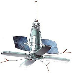 Vue d'artiste d'un satellite Tselina-R, probablement identique à celui qui a été détruit la nuit dernière. Crédits : Yuzhnoye via Gunter's Space Page