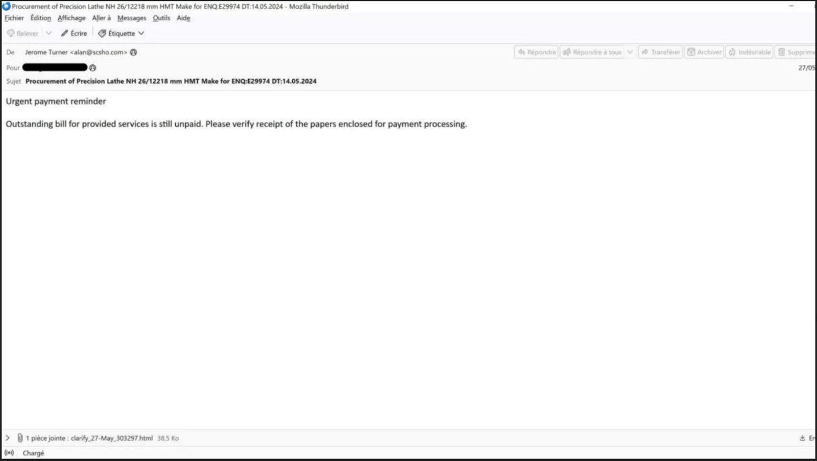 Voilà le type d'e-mail piégé qu'un utilisateur peut recevoir © Romain Basset / Vade
