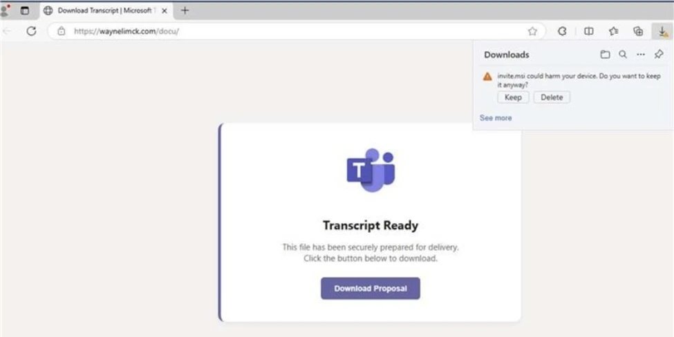 Les mails de phishing renvoient vers une page de téléchargement malveillante incitant les victimes à récupérer un fichier pour accéder à leur prétendu contenu. © Microsoft
