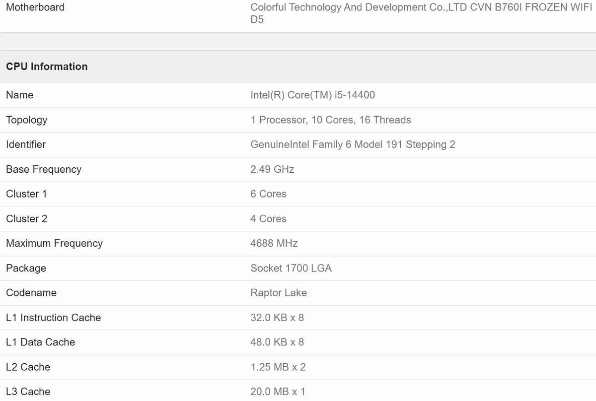 Toutes les caractéristiques du Core i5-14400 © VideoCardz