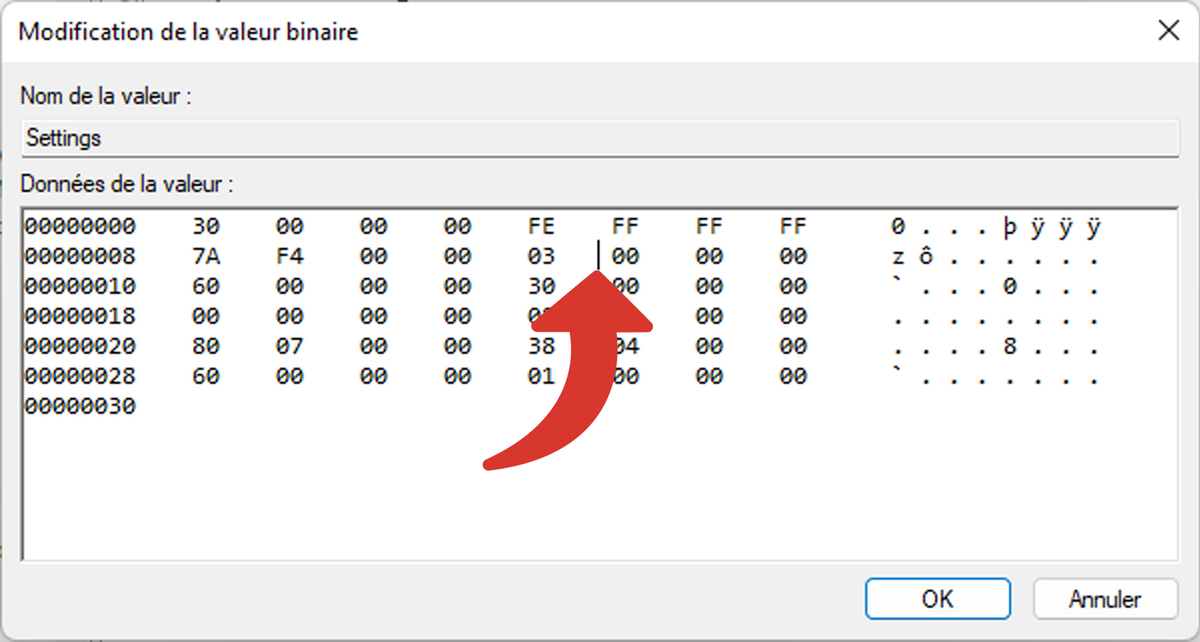 Position du curseur à droite de "03", sous "FE" © Clubic