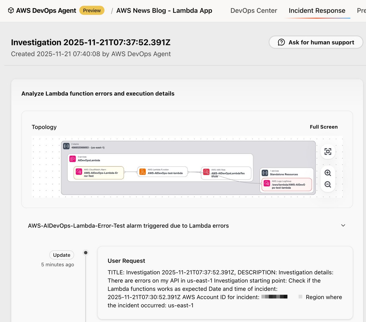 Dans l'application web AWS DevOps Agent, vous pouvez suivre le déroulement de l'enquête en temps réel. © Sébastien Stormarcq / AWS
