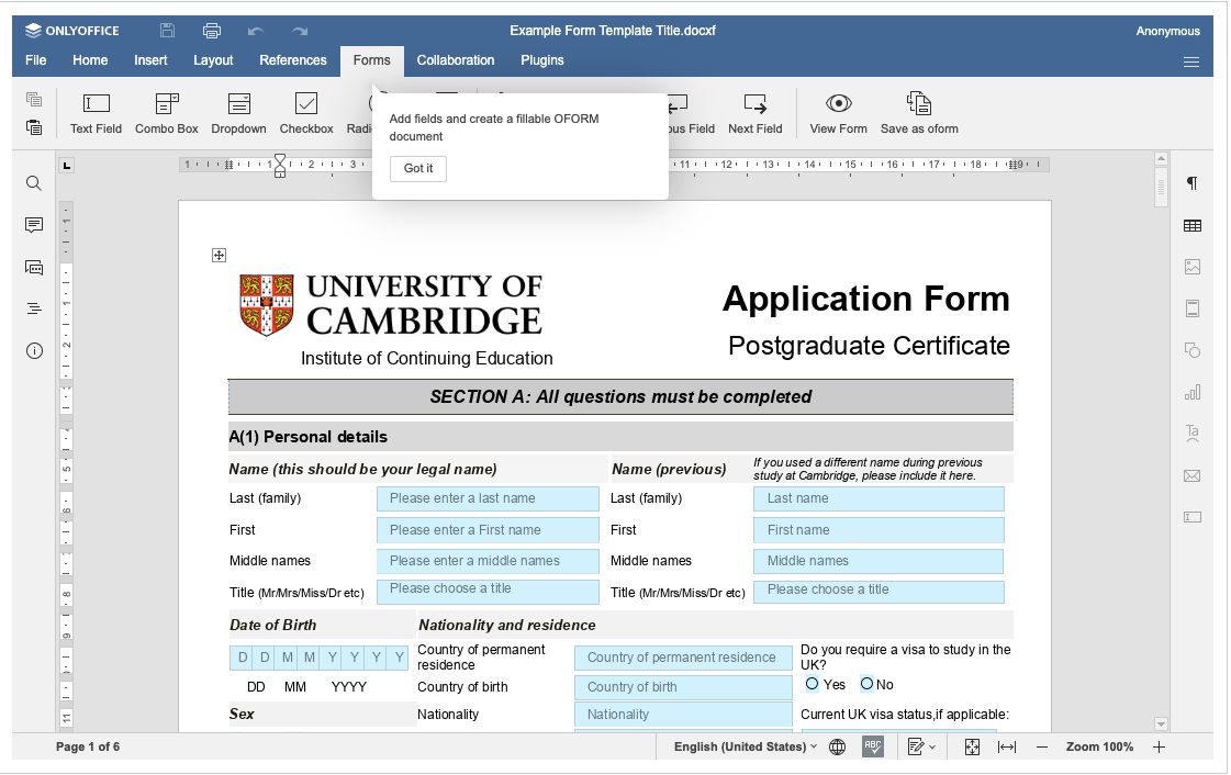 ONLYOFFICE - Template de formulaire d'inscription