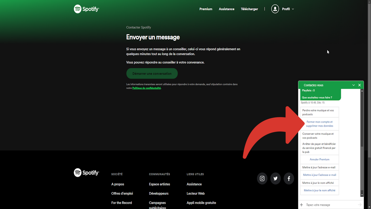 Supprimer compte Spotify via Chatbot © Benoit Baylé pour Clubic