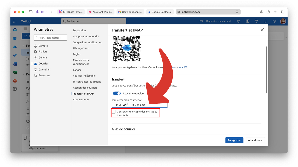 outlook mail transfert