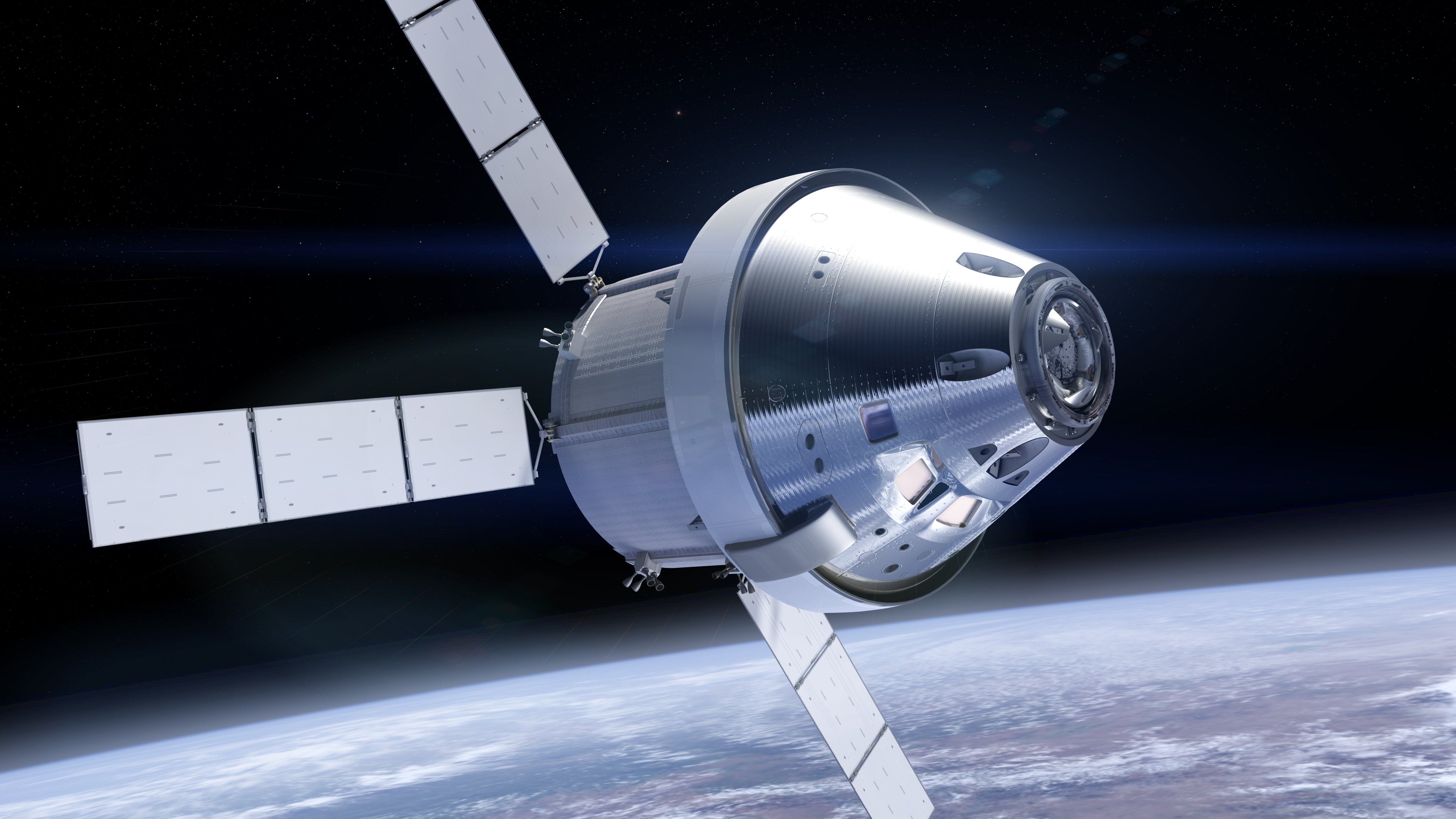 La capsule Orion, ici avec son module de service, pourra embarquer 4 astronautes. Crédits NASA/ESA