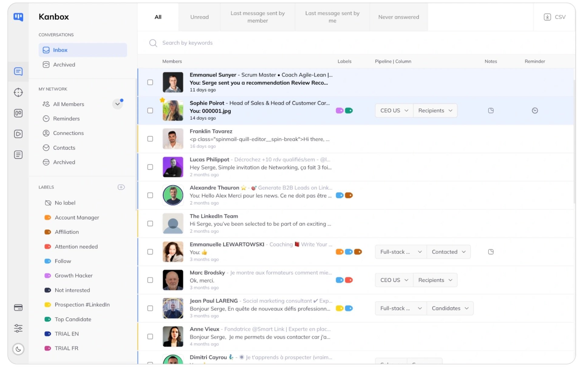 Grâce à cette vue d'ensemble de vos échanges, Kanbox facilite le suivi et la gestion de vos conversations LinkedIn, avec des fonctionnalités de filtrage et d'étiquetage pour rester organisé © Kanbox