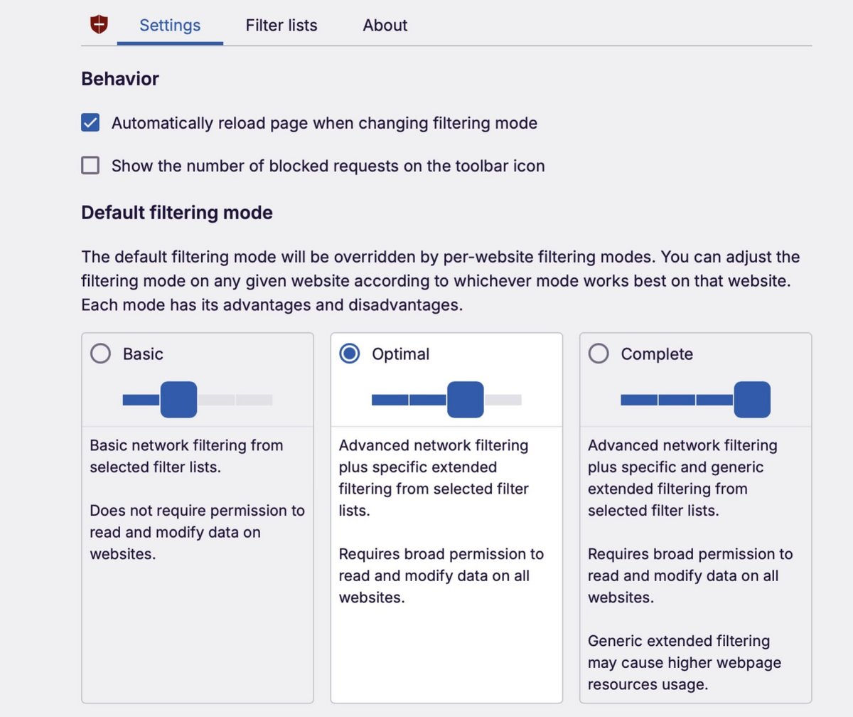 L'extension propose plusieurs options de filtrage. © uBlock