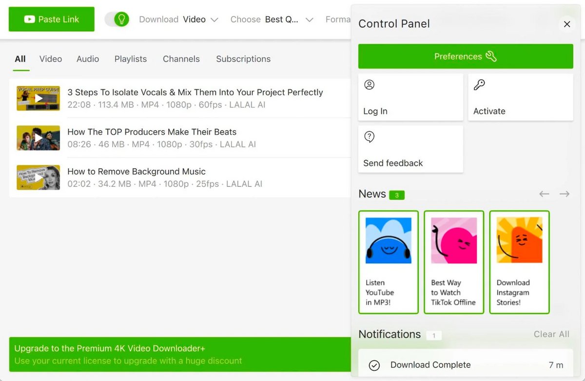 L'interface de 4K Video Downloader+ permet de coller des liens et de choisir les options de téléchargement de vidéos. © Open Media